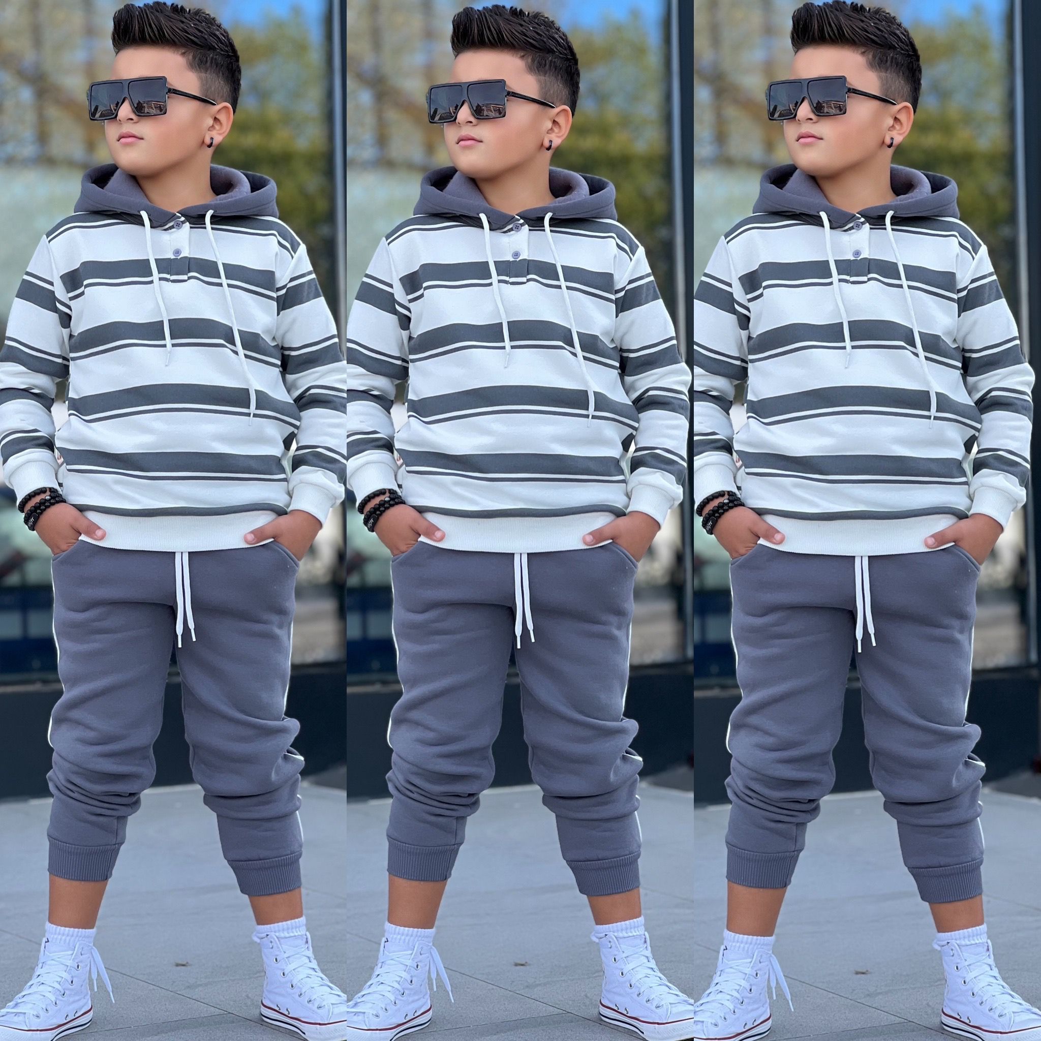 Çizgili Kapşonlu Çocuk Eşofman Takımı
