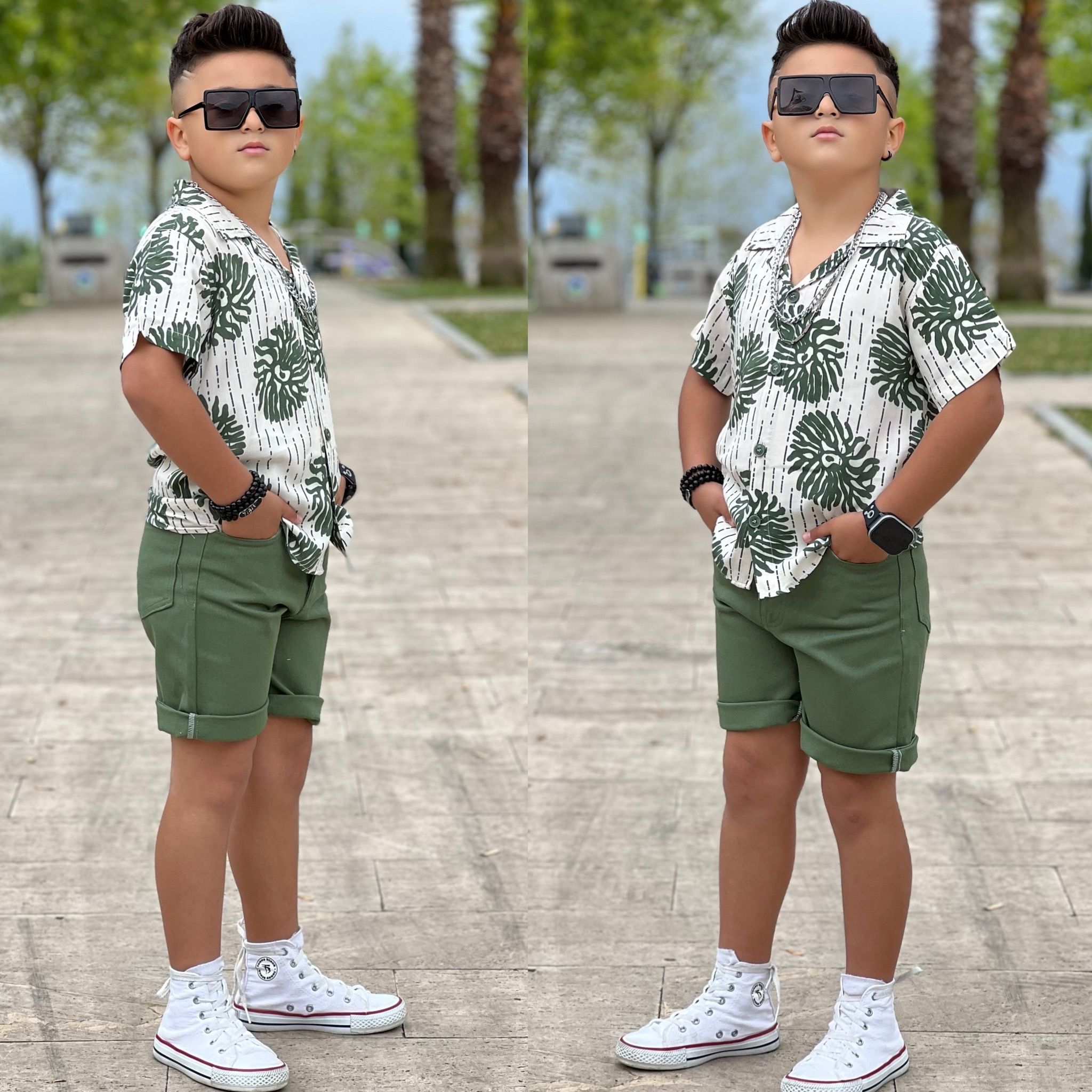 Erkek Cocuk Gomlek ve Sort Takim Desenli Gomlek Sort Pantolon Alt ust Takim