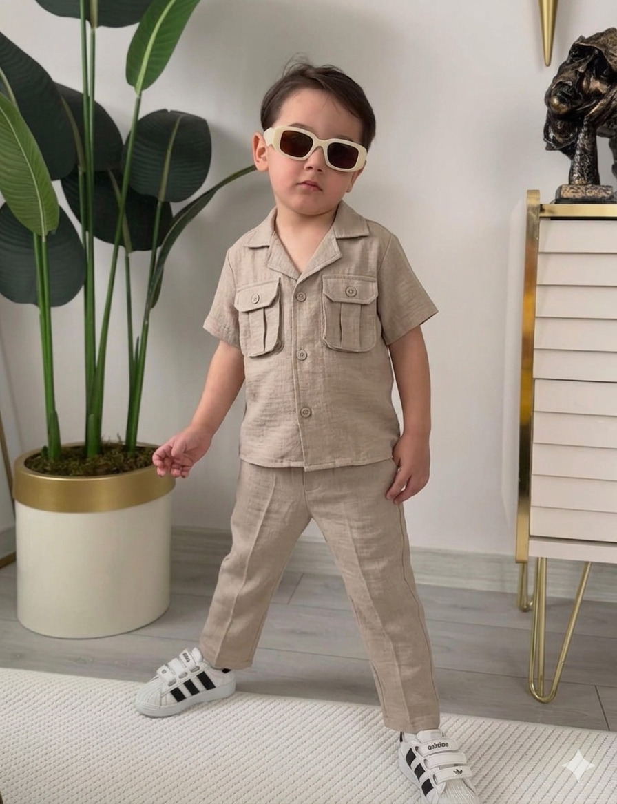 Erkek Çocuk İkili Takım Alt Üst Keten Takım 