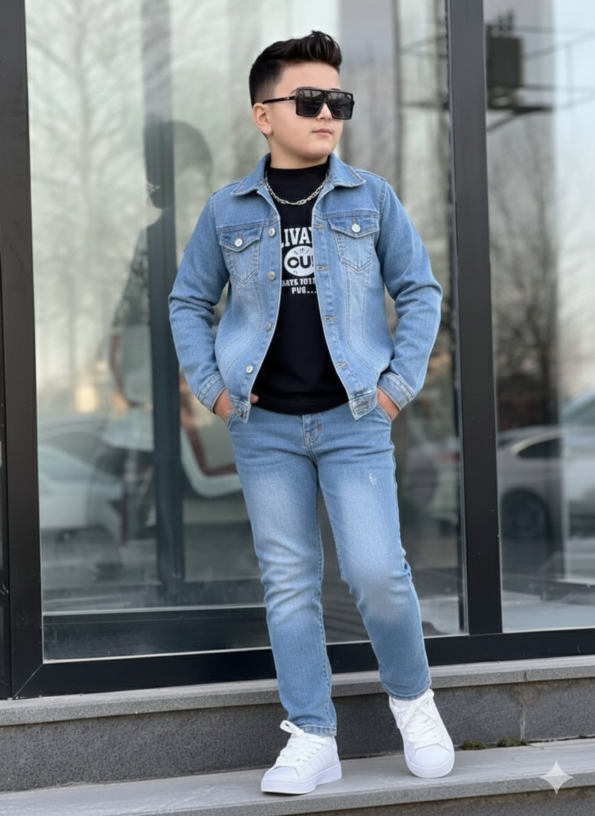 Erkek Cocuk Kot Ceketli 3lü Takım Kot Takım