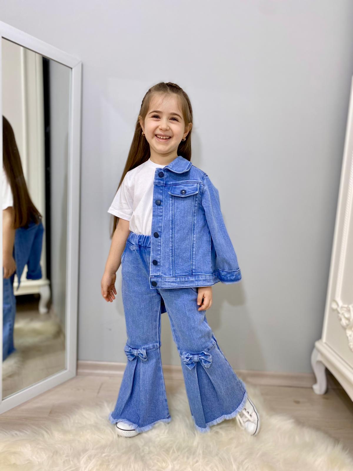 Kız çocuk kot ceketli takim kot Pantolon tshirt  