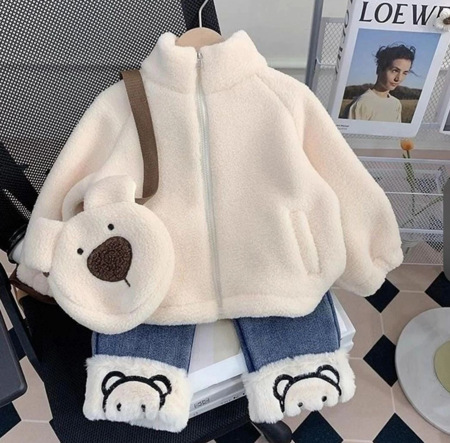 Peluş Takım Peluş Hırka Kot Pantolon Canta