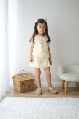 Kiz Cocuk Cicekli Takim 3 Boyutlu Cicekli tshirt ve Sort Etek Alt ust Takim