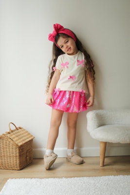 Kiz Cocuk Pul palet Balon etekli Takim Alt Ust Takim Balon Etek Tshirt