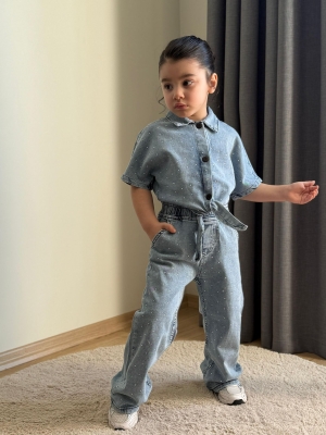 Kız Çocuk Taş Detaylı Kot Takım Alt Üst Takım